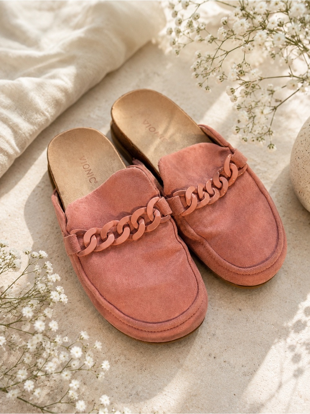 Vionic Coral Pink Suede Chain-Trim Mules